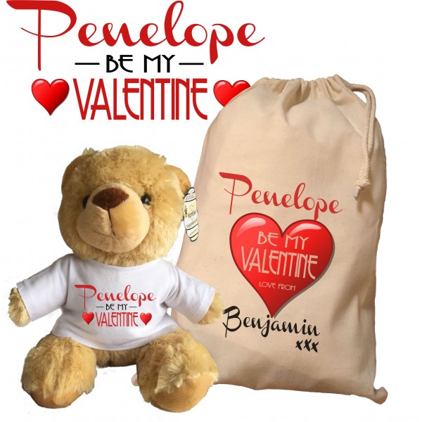 Personalised Valentines Teddy Bear With Matching Gift Bag - Penelope Design